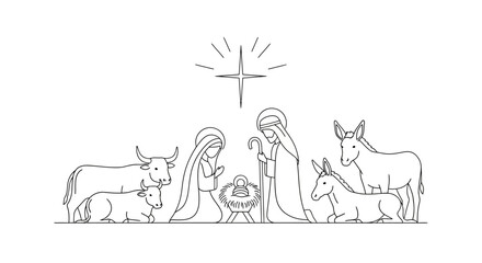 Minimalist line art illustration of the Nativity scene with Jesus, Mary, Joseph, and animals, white background
