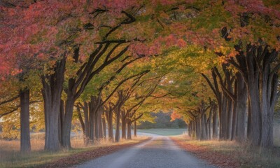 Autumnal pathway through a vibrant canopy of trees