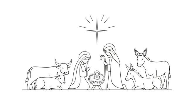 Minimalist line art illustration of the Nativity scene with Jesus, Mary, Joseph, and animals, white background