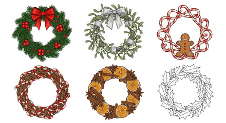 A festive collection of six illustrated Christmas wreaths featuring traditional and unique holiday decorations like candy canes and dried fruit