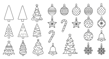 Festive Christmas Outline Icons Trees, Ornaments, and Holiday Cheer
