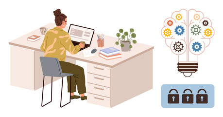 Fototapeta premium Woman typing on laptop amid office items lightbulb with gears, padlocks represent innovation, cybersecurity, and creativity. Ideal for remote work, brainstorming, technology, data protection, modern