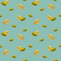 Seamless pattern of pistachios painted in watercolor on a light yellow and turquoise background