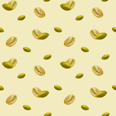 Seamless pattern of pistachios painted in watercolor on a light yellow background