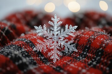 Crystal Snowflake Macro on Red and Black Winter Fabric.