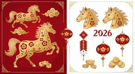 A decorative collection of golden horse zodiac symbols for the Chinese New Year 2026, with traditional lanterns and oriental celebration elements