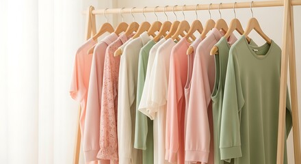 Pastel-Colored Clothing Displayed on Wooden Rack with Soft Natural Lighting