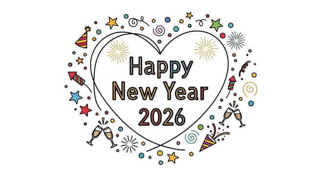 Happy New Year 2026 Celebration Heart with Fireworks and Champagne Toast Icons