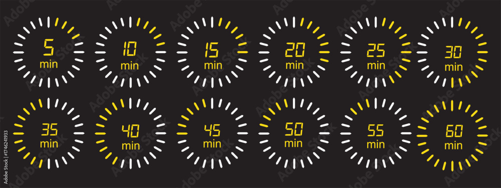 Wall mural digital countdown timer icons from 5 to 60 second, circular progress bars in blue, vector design set