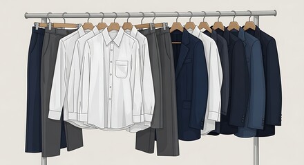 Rack of tailored suits and shirts on wooden hangers, minimalist illustration style
