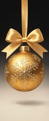 Elegant Golden Christmas Ornament with Bow on Black Background.