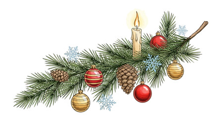 Hand-drawn Christmas illustration with ornaments, pine branch, pinecone, and candle, white background