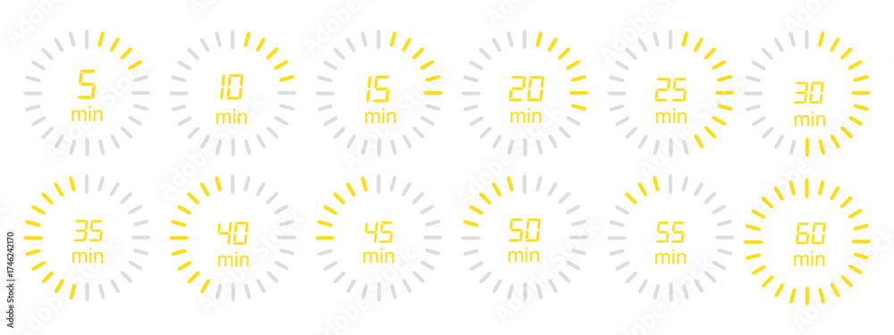 Wall mural digital countdown timer icons from 5 to 60 second, circular progress bars in blue, vector design set