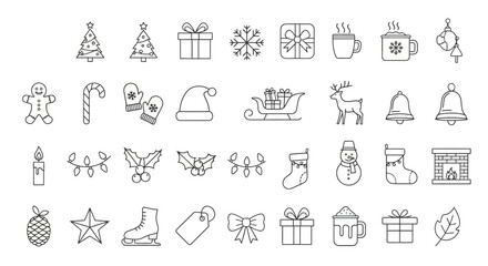 A vector illustration featuring festive Christmas and winter holiday outline icons, white background