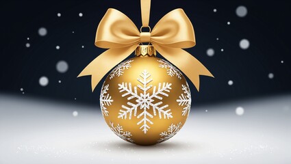 Elegant Golden Christmas Ornament with Bow on Black Background.