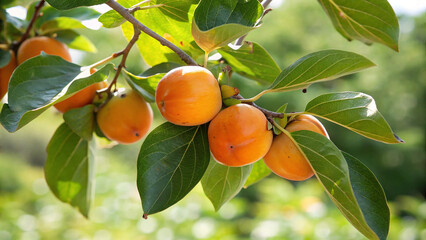 Closeup of a persimmon tree branch with ripe fruits and green leaves, illuminated by sunlight in a natural outdoor setting