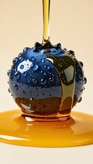 Golden Honey Dripping on Glossy Blue Fruit Macro Photography.