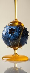 Golden Honey Dripping on Glossy Blue Fruit Macro Photography.