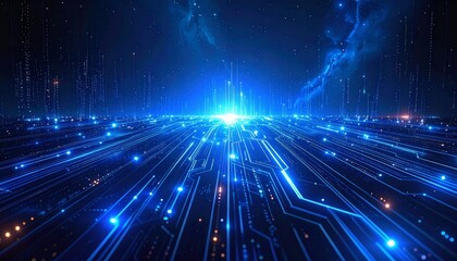 Obraz premium Bright, futuristic blue background with an abstract burst of glowing energy and technology stars