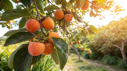 Closeup of a persimmon tree branch with ripe fruits and green leaves, illuminated by sunlight in a natural outdoor setting