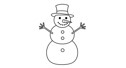 Simple line art illustration of a snowman with a top hat, carrot nose, and button details, white background