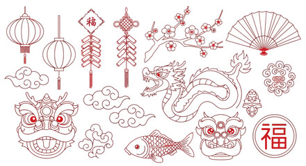 Chinese New Year Decorations Vector Set of Traditional Festive Elements and Symbols © Alfarizi