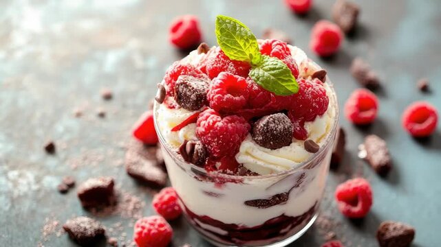 Raspberry dessert parfait with whipped cream, chocolate chunks, and mint leaf garnish
