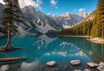 Illustration beautiful alpine landscape, crystal clear turquoise lake
