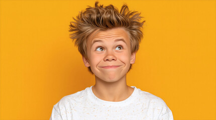 Adorable young boy with a mischievous grin and expressive eyes looking playfully upwards against a vibrant yellow backdrop radiating youthful energy