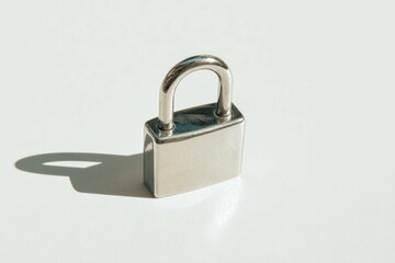 Silver padlock on a white surface with a shadow.