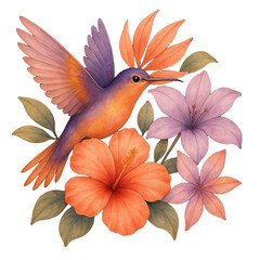 Enchanting Hummingbird Flight with Vibrant Floral Art on White Background