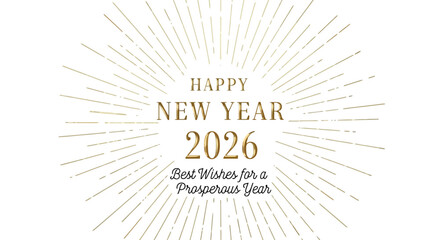 Elegant Happy New Year 2026 greeting with a golden sunburst design wishing for a prosperous year © Alfarizi