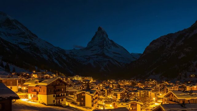 Matterhorn mountain illuminated at dusk in zermatt village, switzerland