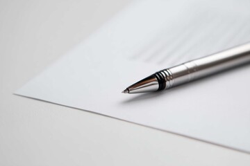 Silver pen rests on a white sheet of paper in a bright setting.