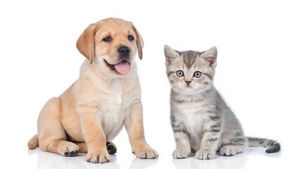 Playful puppy and curious kitten together indoor studio pet photography bright setting close-up friendship concept