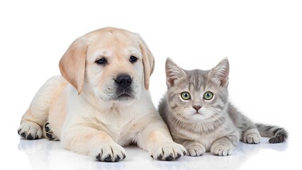 Adorable puppy and kitten cuddle together studio animal photography white background close-up friendship