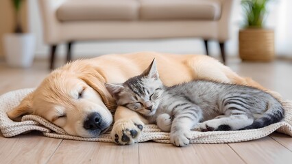 Peaceful moment dog and cat sleeping together at home pet photography cozy indoor setting heartwarming concept