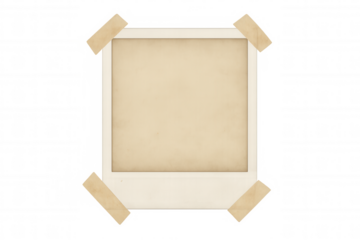 Blank vintage instant picture frame with masking tape pieces, transparent background, old memory concept