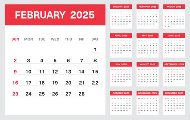 2025 Calendar Template with All Months and Highlighted February Page in Red Theme