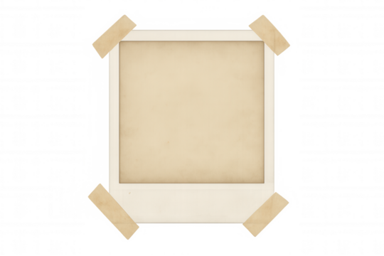 Blank vintage instant picture frame with masking tape pieces, transparent background, old memory concept