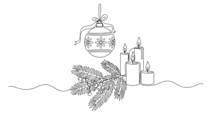 Continuous line drawing of Christmas ornament, fir branch, and candles creating a festive holiday scene, white background