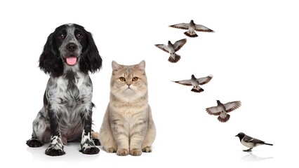 Playful dogs and cats with birds studio setting pet photography white background close-up animal companionship