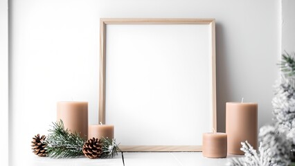 Elegant minimalist display frame with candles cozy home setting photography bright interior warm atmosphere