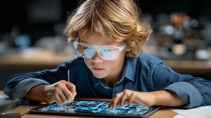 Young Innovator and the Modern Tablet: A young child engages with the future as reflected in futuristic goggles and interacts with an advanced tablet - Powered by Adobe