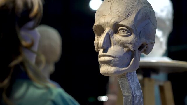 Clay artist deeply focused on crafting lifelike ecorche head sculpture. Masterful demonstration of anatomical knowledge through sculptural practice.