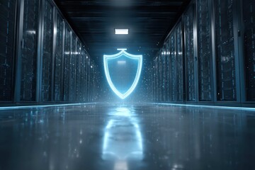 A glowing shield icon in a server room with rows of data storage.