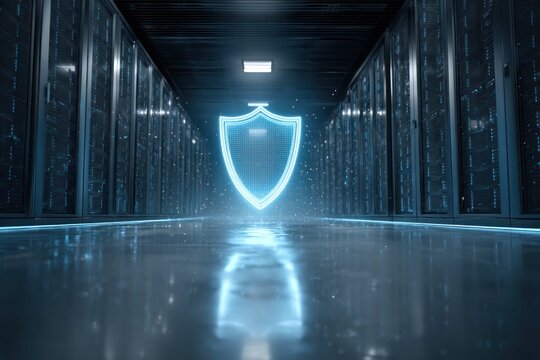 A glowing shield icon in a server room with rows of data storage.