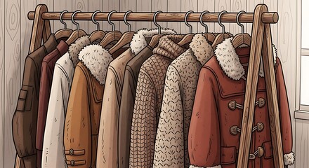 Vintage Winter Coats on a Wooden Clothes Rack