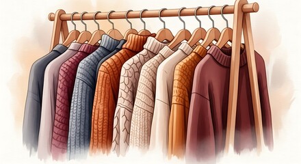 Watercolor Illustration of Autumn Knitwear on Wooden Rack