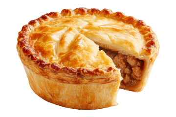 Australia meat pie with minced beef and gravy and crisp flaky crust, isolated on white transparent background. Concept of homemade comfort food
